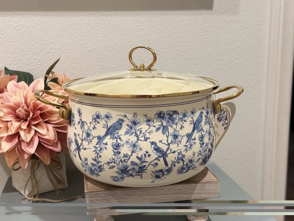 Alta Blue Floral Bird Patterned Enamel Pot w/glass lid and golden handle 6.55 Qt